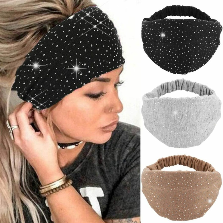 CAKURE Fashion Headbands | Cakure Crystal Wide Headbands Rhinestone Head Bands Black Turban Headband Elastic African Head Wraps Sport Hair Bands For Women And Girls Pack Of 3