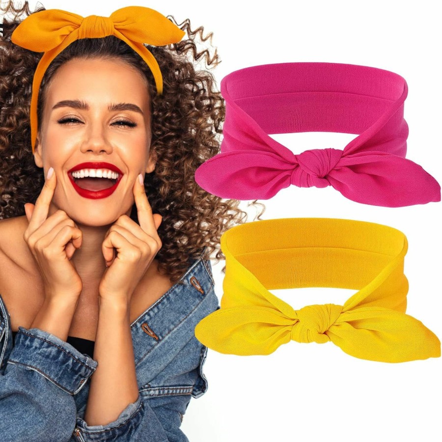 Sibba Fashion Headbands | Sibba 2 Pieces Headbands Vintage Rabbit Ear Bow Headwraps Boho Headband Rabbit Ear Hairband Hair Accessories For Women Girls(Yellow)