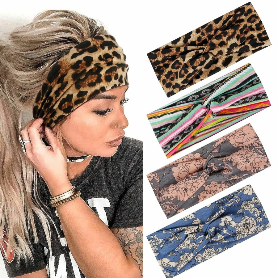 AKTVSHOW Fashion Headbands | Aktvshow Headbands For Women Knotted Headband Elastic Head Bands Women'S Hair Band Non-Slip Turban Printed Stylish Sport Sweat Hair Wrap For Girls Cute Hair Accessories 4Pcs