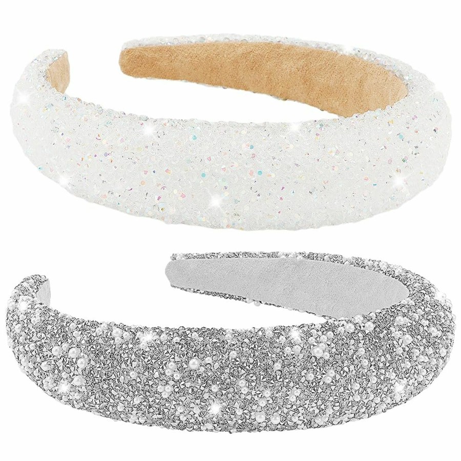 AHONEY Fashion Headbands | Ahoney 2 Pack Rhinestone Headband For Women Girls, Glitter Sequin Beaded Pearls Padded Headbands For Women Prom Wedding Sparkly Hair Bling Birthday Hair Accessories (Silver&White)