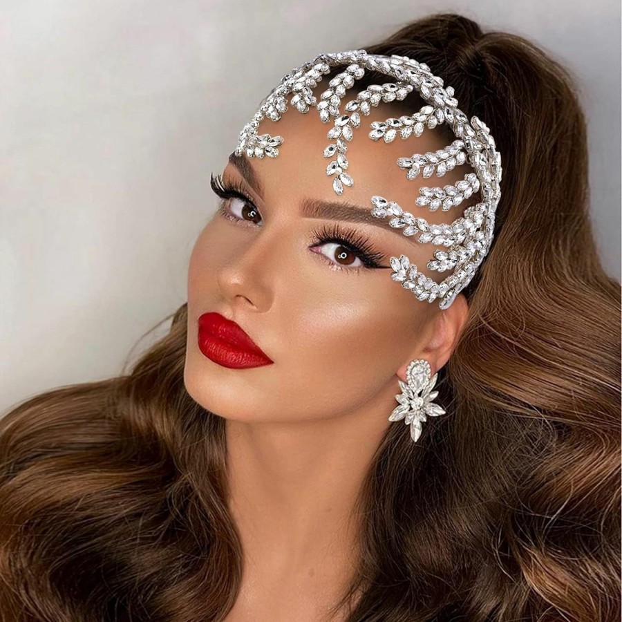 ULAPAN Fashion Headbands | Silver Rhinestone Wedding Tiara,Headpiece Forehead Tiara Jewelry Head Chain, Crystal Headpiece Bridal Hair Accessories For Bride Women Hp373