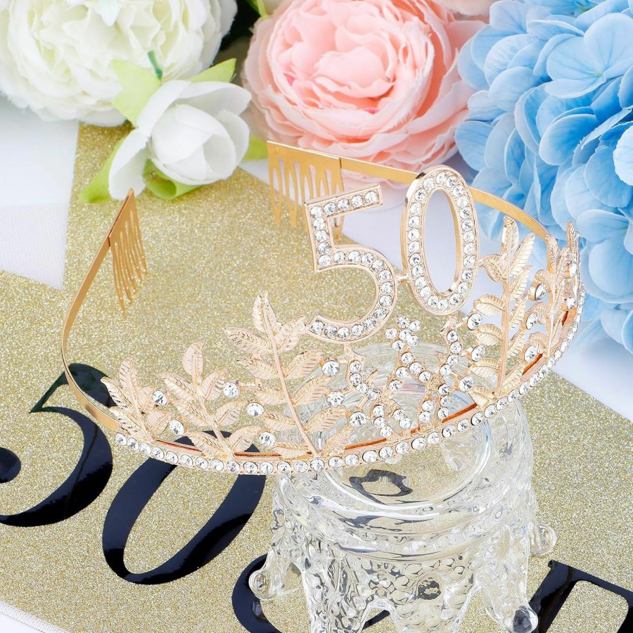 Chanaco Fashion Headbands | 50Th Birthday Rhinestone Tiara And Sash For Women, Dainty Gold Happy Birthday Crystal Crown And Glitter Sashes Gift For Women, Birthday Hair Accessories Decoration For Party