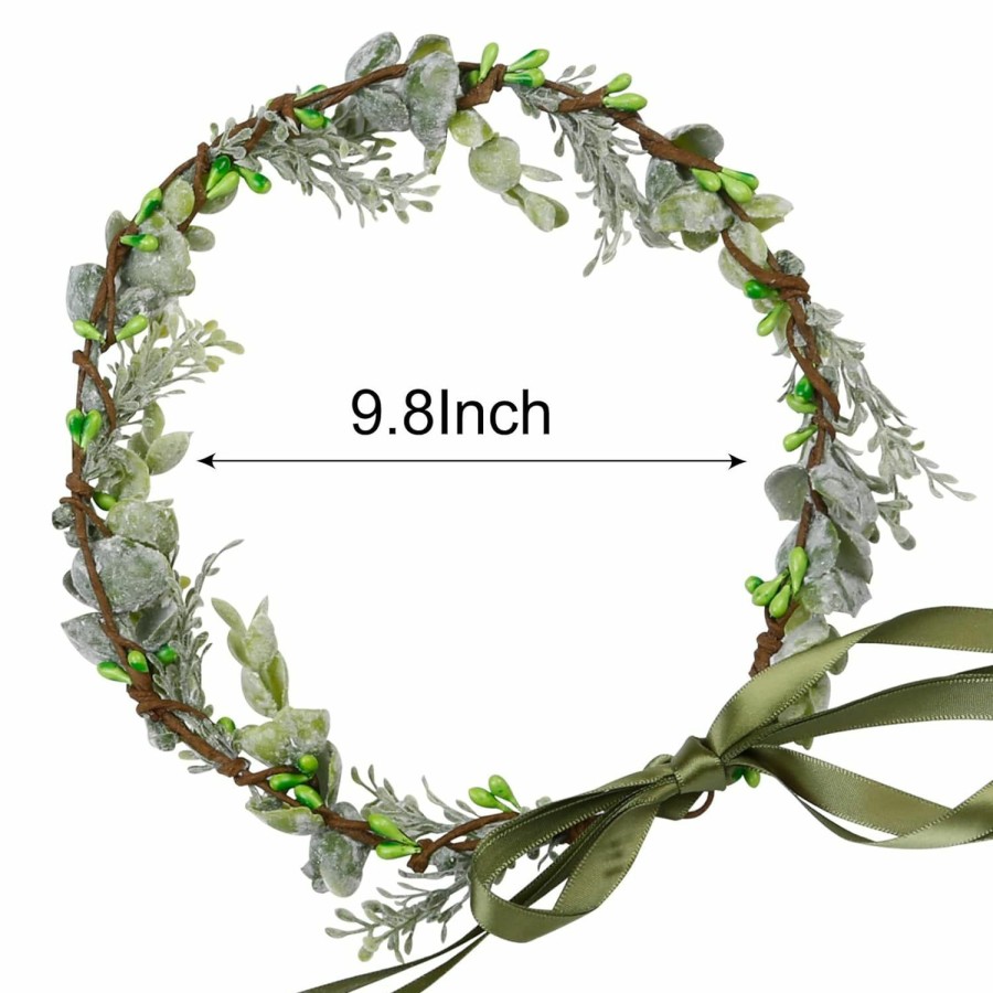 WOVOWOVO Fashion Headbands | Wovowovo Green Leaf Crowns For Girls Women, Bridal Flower Crown Bride Hair Accessories Bohemian Floral Crown Eucalyptus Headband With Ribbon For Wedding Birthday Vacation Party Festival Photo Prop