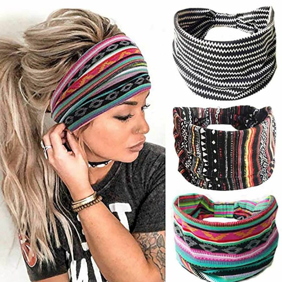 YBSHIN Fashion Headbands | Ybshin Boho Wide Headbands Stripe Head Wraps Knoted Hair Wears Turban Yoga Sweatbands Elastic Floral Printed Head Scarfs Stretch Cloth Hair Bands For Women And Girls 3Pcs (A)