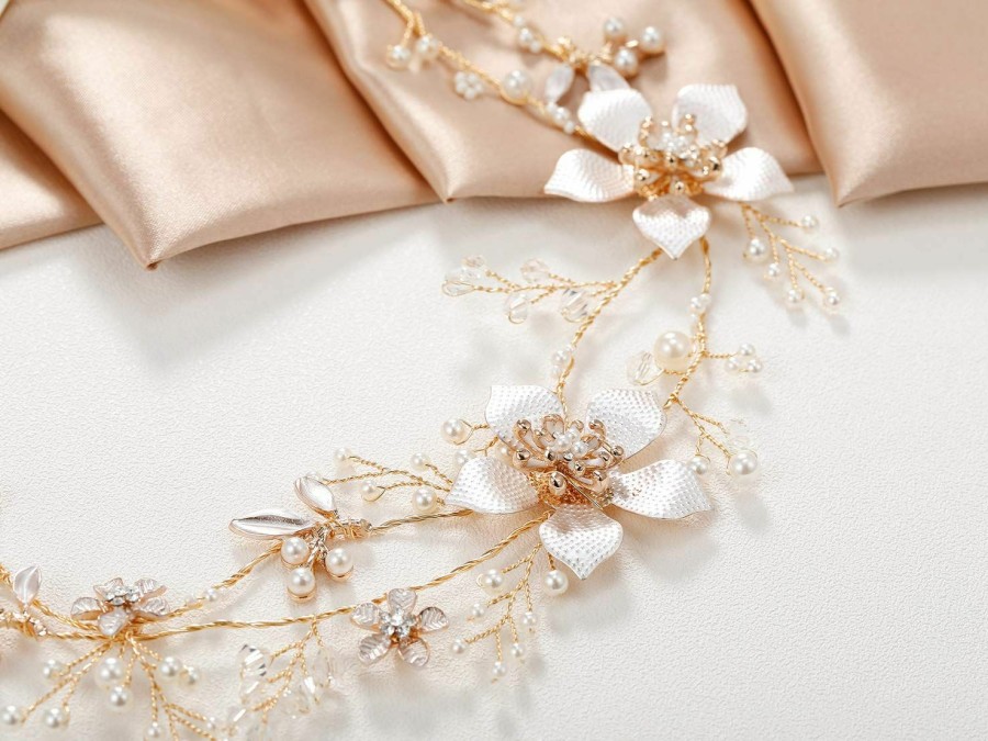 SWEETV Fashion Headbands | Sweetv Gold Wedding Headband, Pearl Flower Bridal Headpieces For Wedding, Crystal Hair Accessories For Women Girls Hair Vine