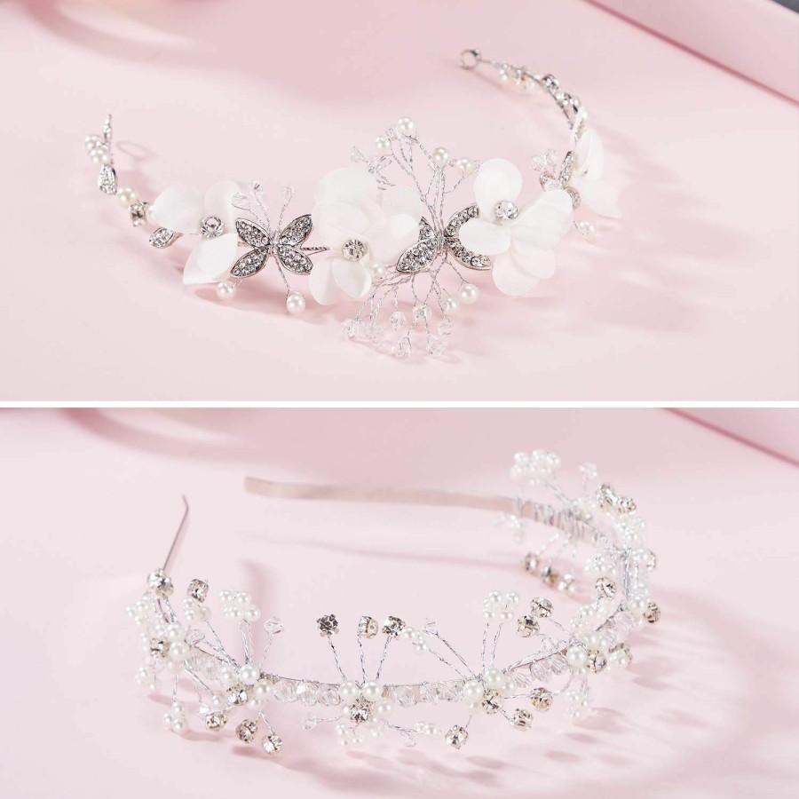 WILLBOND Fashion Headbands | Willbond 2 Pieces Wedding Flower Crown Princess Wedding Headpiece Baptism Gift First Communion Headpiece For Girls Communion Veil Crystal Tiara For Girls Wedding And Flower Girls