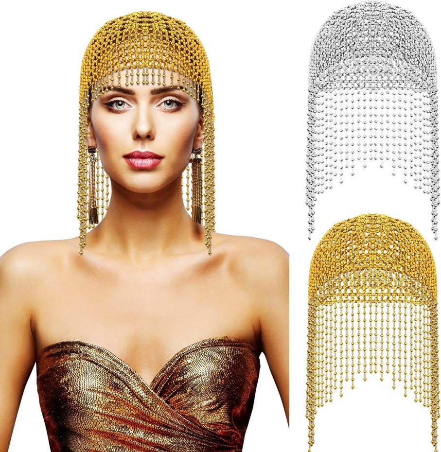 Sasylvia Fashion Headbands | Sasylvia 2 Pcs 1920S Beaded Cap Cleopatra Headpiece Roaring 20S Beaded Flapper Belly Dance Cap Gold And Silver For Halloween Party