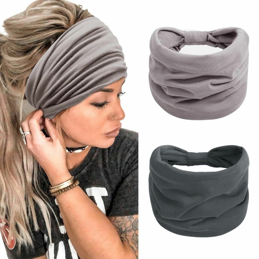 TERSE Fashion Headbands | Terse 2 Packs Headbands For Women Boho Extra Wide 7'' Black Head Bands African Knotted Non Slip Fashion Hair Band Stretch Yoga Workout Running Gym Hairbands Turban Bandana For Girls