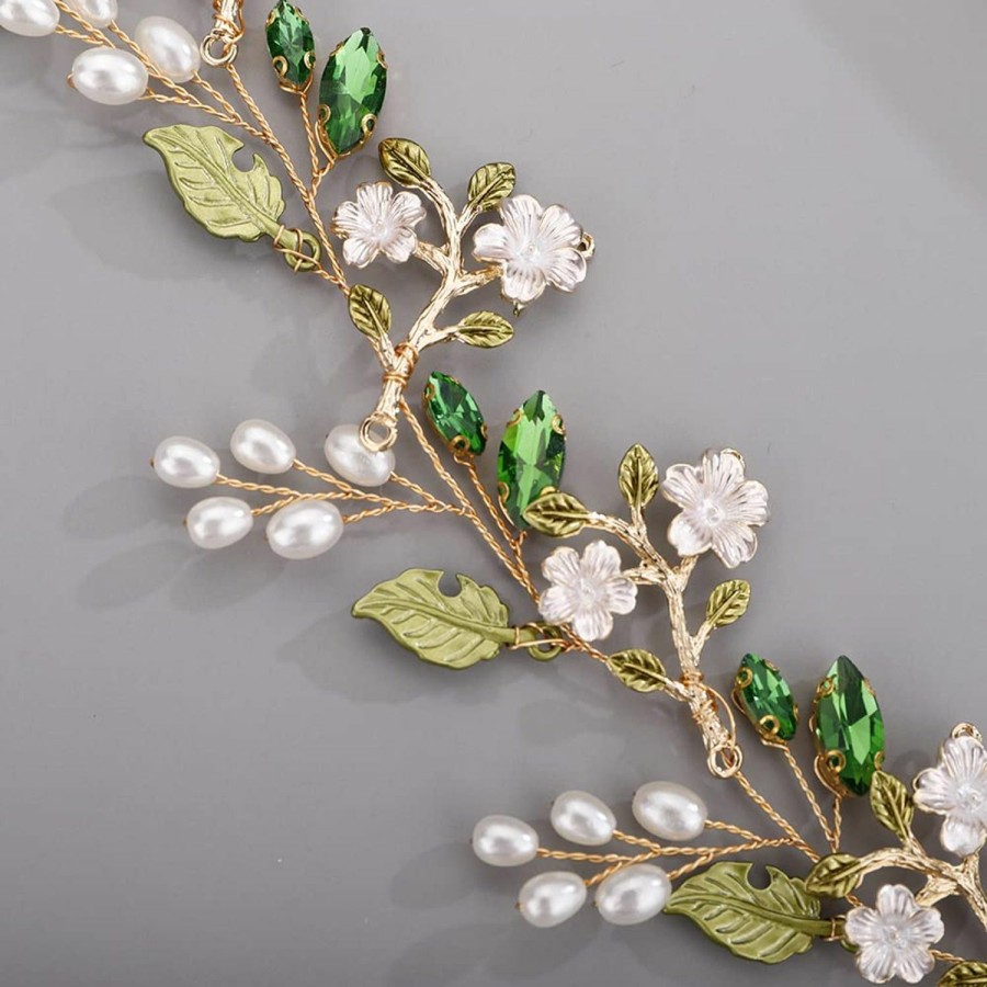 BERYUAN Fashion Headbands | Beryuan Bridal Cute Flowers Headband For Bride Bridesmaid Green Leaf Crystal Hair Piece Beads Hair Vine