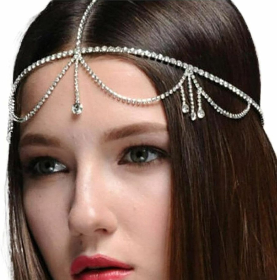 Fdesigner Fashion Headbands | Fdesigner Crystal Head Chain Silver Bride Rhinestone Tassel Hair Chain Wedding Pendant Headpieces Jewelry Pageant Costume Hair Accessories For Women And Girls