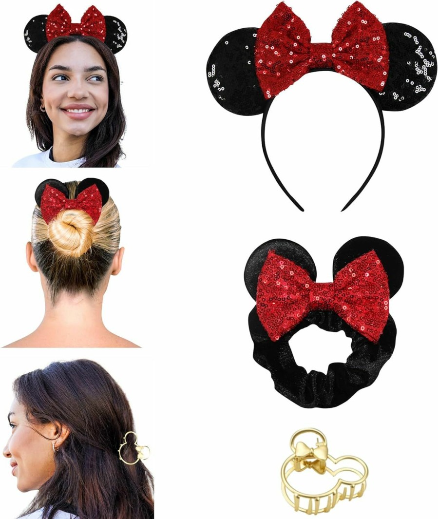 Styla Hair Fashion Headbands | Styla Hair 3Pc Mouse Ears Headband Sequin Mouse Scrunchies Claw Clip Set Cute Mouse Headband Accessories Mouse Ear Headband