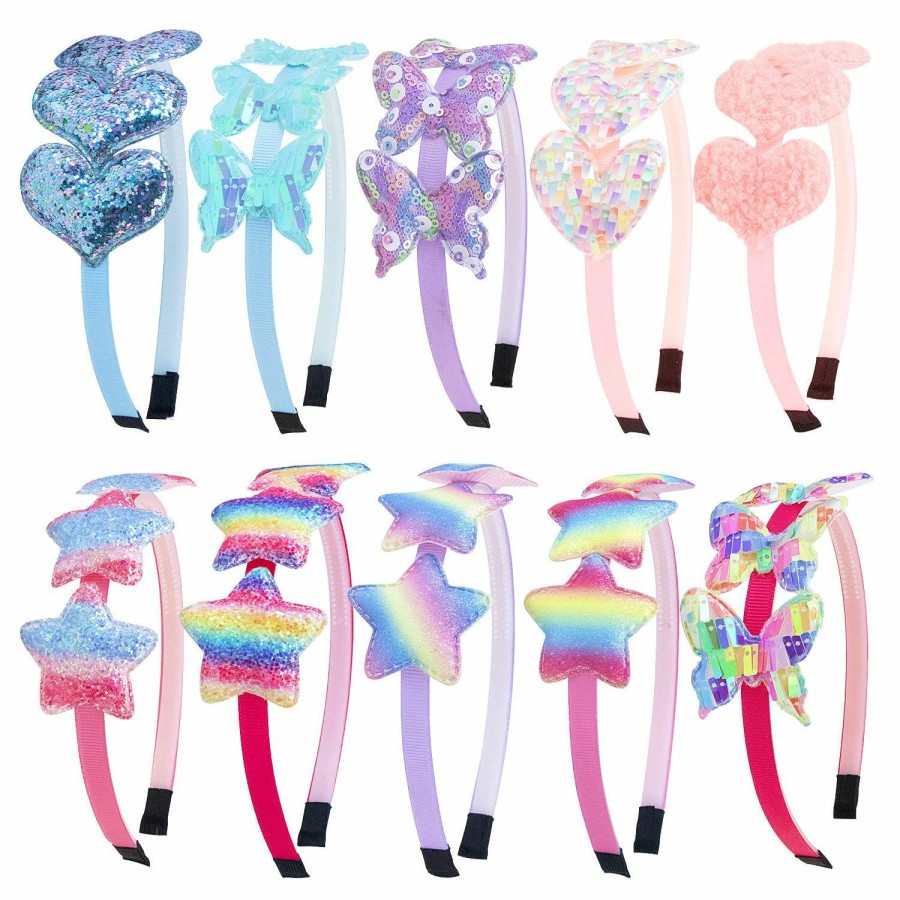 WJYX BOWS Fashion Headbands | Wjyx Bows Cute Girls Headbands 10 Pcs Sweet Rainbow Hairbands Sequin Star/Heart/Butterfly Shaped Headbands Sparkly Hair Styling Accessories For Girls Kids Toddler -Multiple Styles