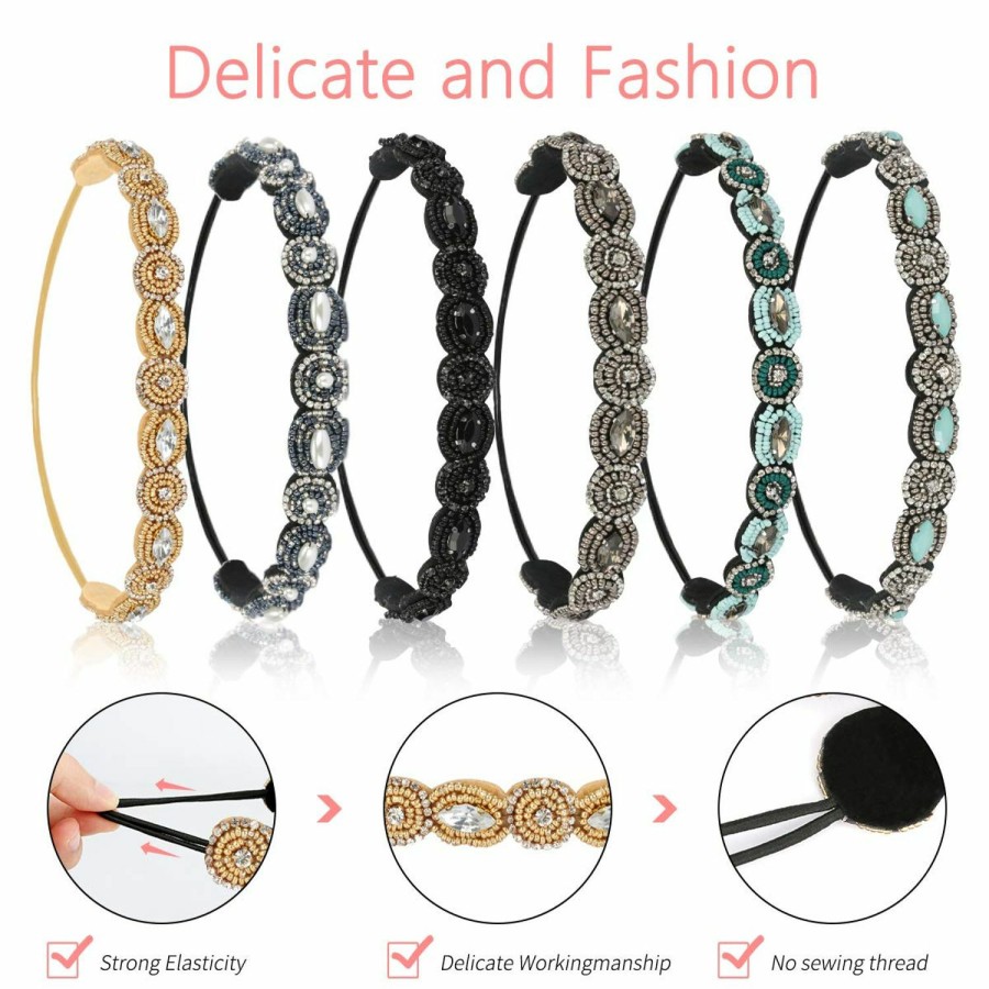 Brynnl Fashion Headbands | 6 Pack Elastic Rhinestone Headbands For Women, Vintage Beads Rhinestone Hair Headband, Handmade Fashionable Diamond Elastic Headbands For Lady Brides Women Girls