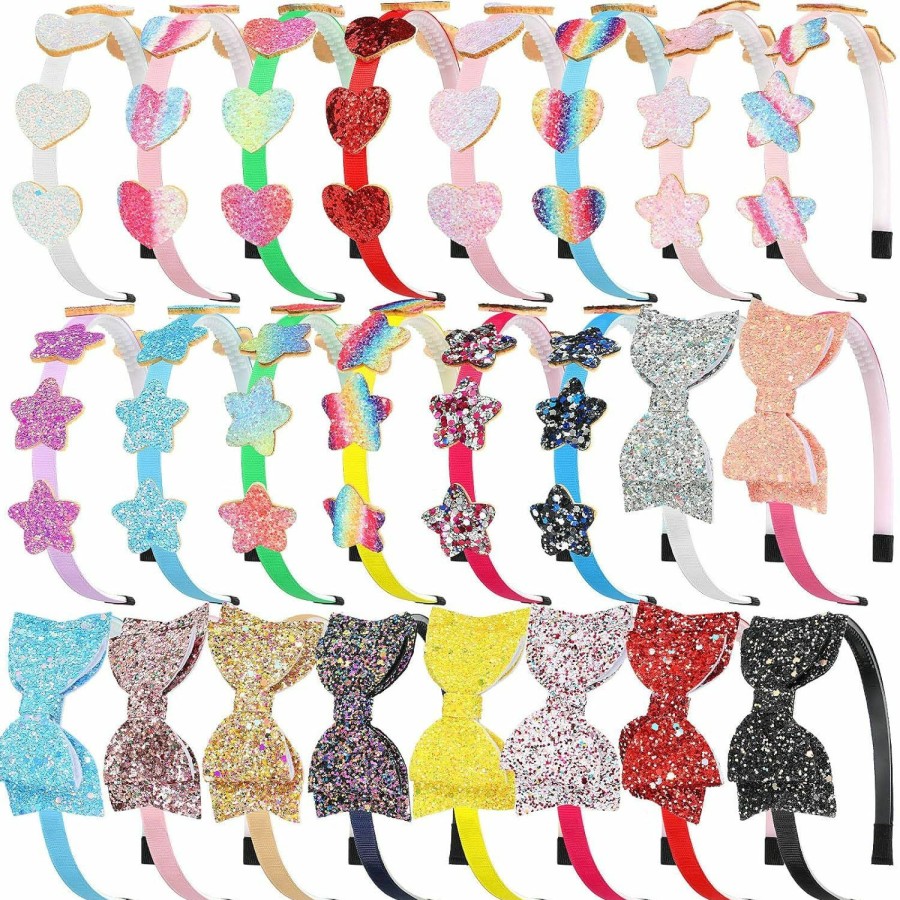 Janinka Fashion Headbands | 24 Pcs Glitter Headband For Girls Sparkly Headband Sequin Toddler Headband Bulk Plastic Rainbow Bow Headband Kids Hair Accessories Valentine Gift