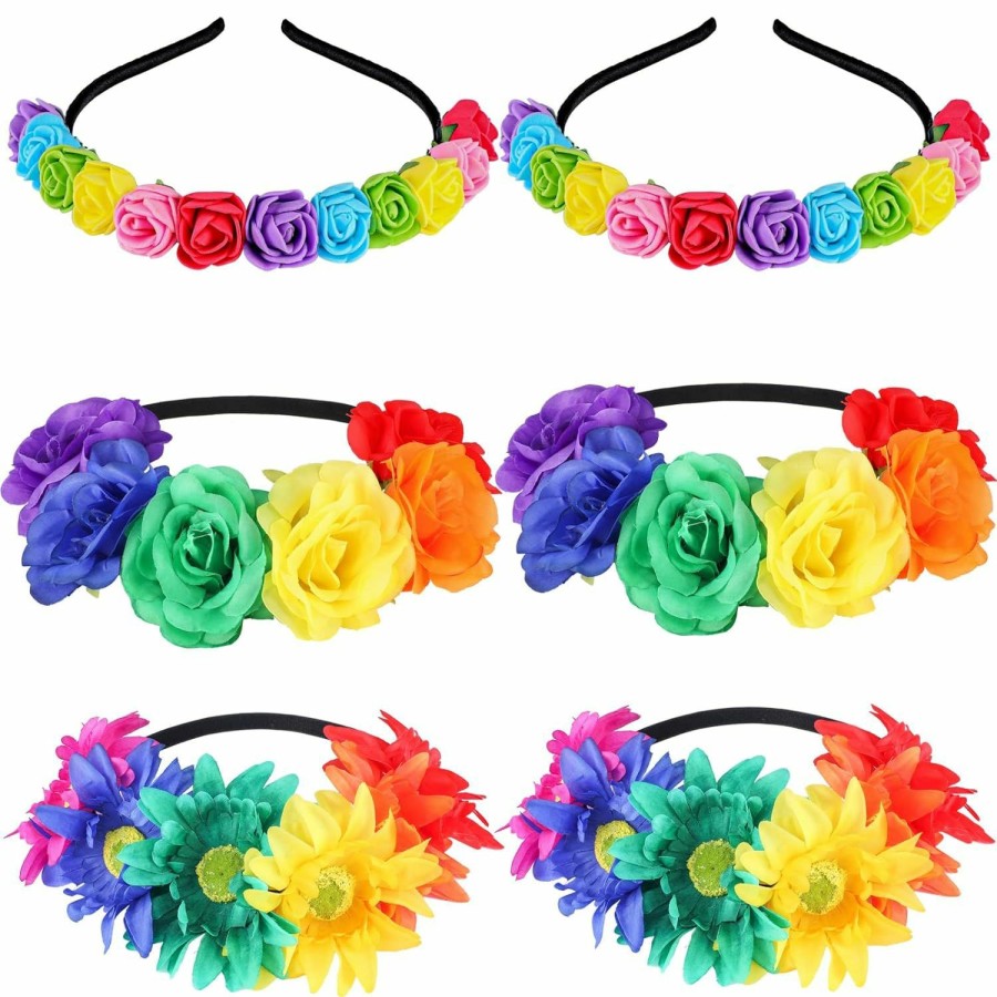 Chunyin Fashion Headbands | 6 Pcs Boho Floral Crown Stretch Rose Flower Headband Girls Rainbow Headband Sunflower Head Crown Multicolor Flower Hair Wreath Headwear Headpiece Hair Accessory For Women Girl Bride Bridesmaid