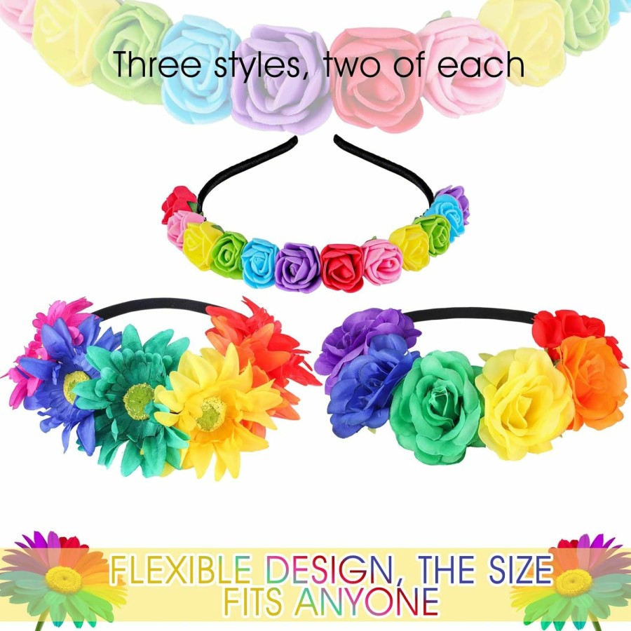 Chunyin Fashion Headbands | 6 Pcs Boho Floral Crown Stretch Rose Flower Headband Girls Rainbow Headband Sunflower Head Crown Multicolor Flower Hair Wreath Headwear Headpiece Hair Accessory For Women Girl Bride Bridesmaid