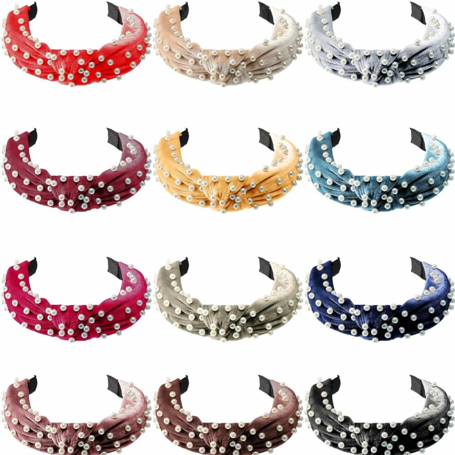 Tigeen Fashion Headbands | Tigeen 12 Pcs Pearl Headband For Girls Cute Beaded Headbands For Women Wide Knotted Headband Velvet Vintage Headpiece Yoga Hair Band Elastic Hair Accessories For Women Girls, 12 Colors