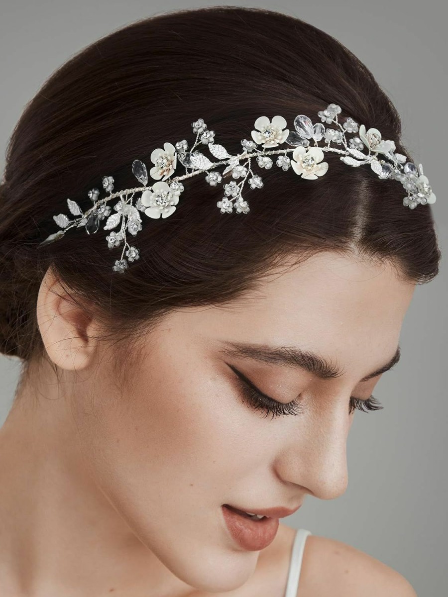 SWEETV Fashion Headbands | Sweetv Silver Wedding Headband Crystal Bridal Headpieces For Bride Flower Hair Accessories For Women Flower Girl Hair Vine