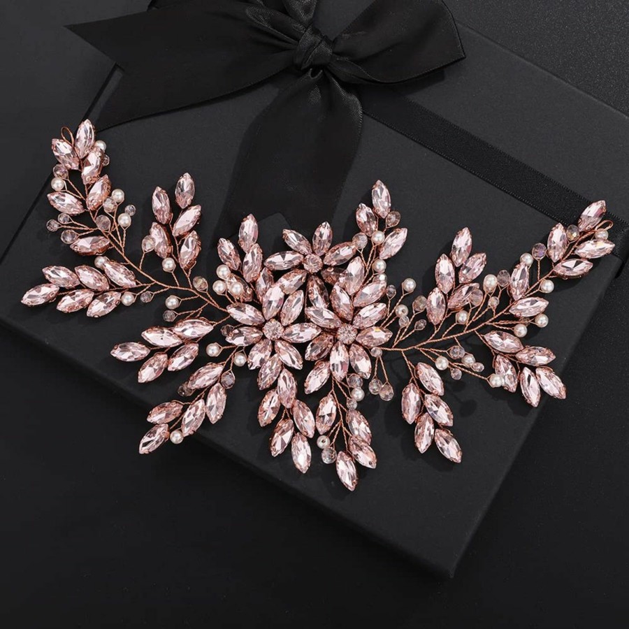 Teyglen Fashion Headbands | Teyglen Pink Rhinestones Pearls Crystals Large Headband Hair Vine Handmade Bridal Flower Headband Wedding Hair Accessories For Brides Hair Pieces Rose Gold Flower Girl Headpieces For Women