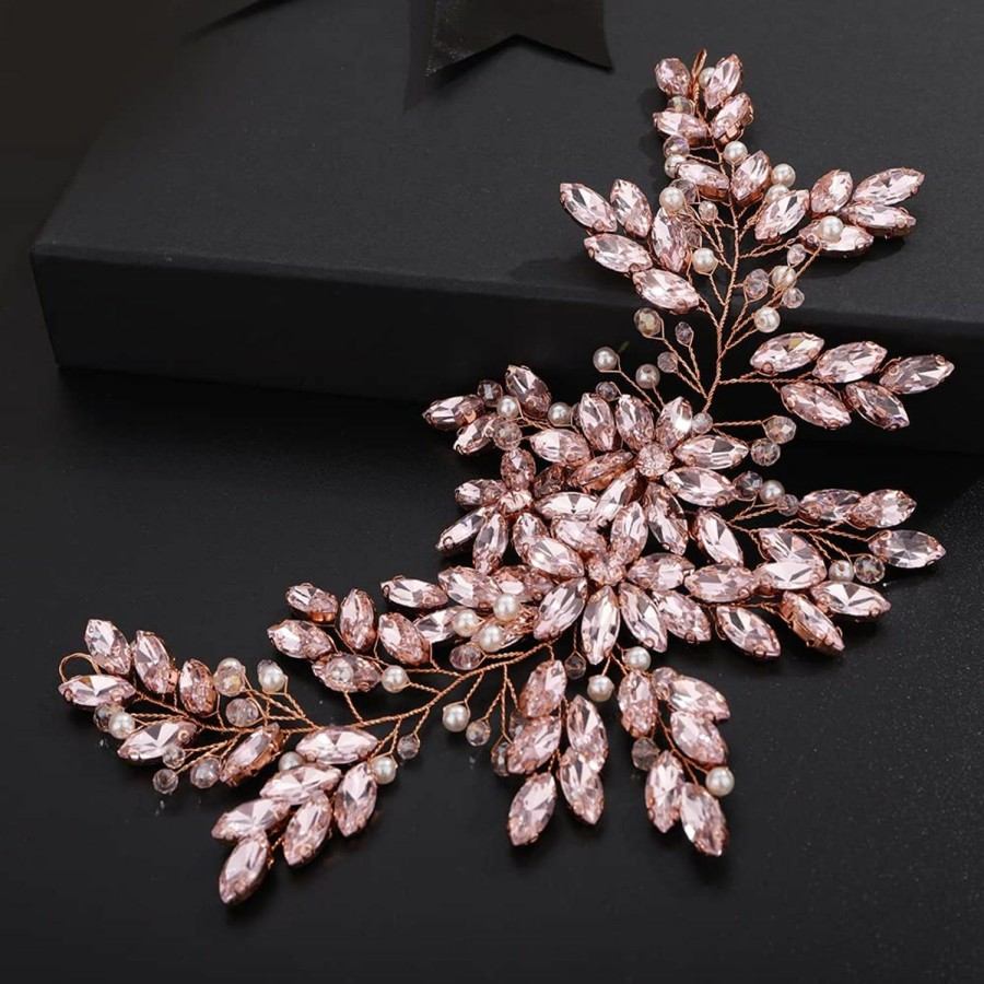 Teyglen Fashion Headbands | Teyglen Pink Rhinestones Pearls Crystals Large Headband Hair Vine Handmade Bridal Flower Headband Wedding Hair Accessories For Brides Hair Pieces Rose Gold Flower Girl Headpieces For Women