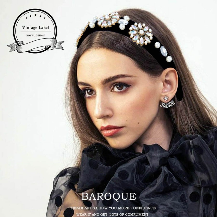 Coridy Fashion Headbands | Coridy Black Baroque Jeweled Headband Pearl Rhinestones Wide Hairband Velvet Hair Hoop Wide Head Band For Women (Elegant)