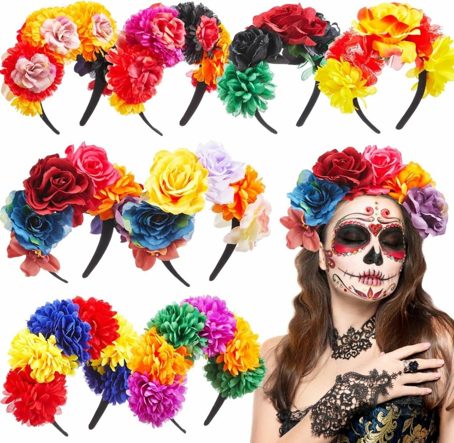 Zeyune Fashion Headbands | Zeyune 8 Pcs Mexican Flower Headband Fiesta Rose Flower Crown Headband Day Of The Dead Headband Costume Rose Flower Crown Mexican Headpiece For Women Girls Party Cosplay