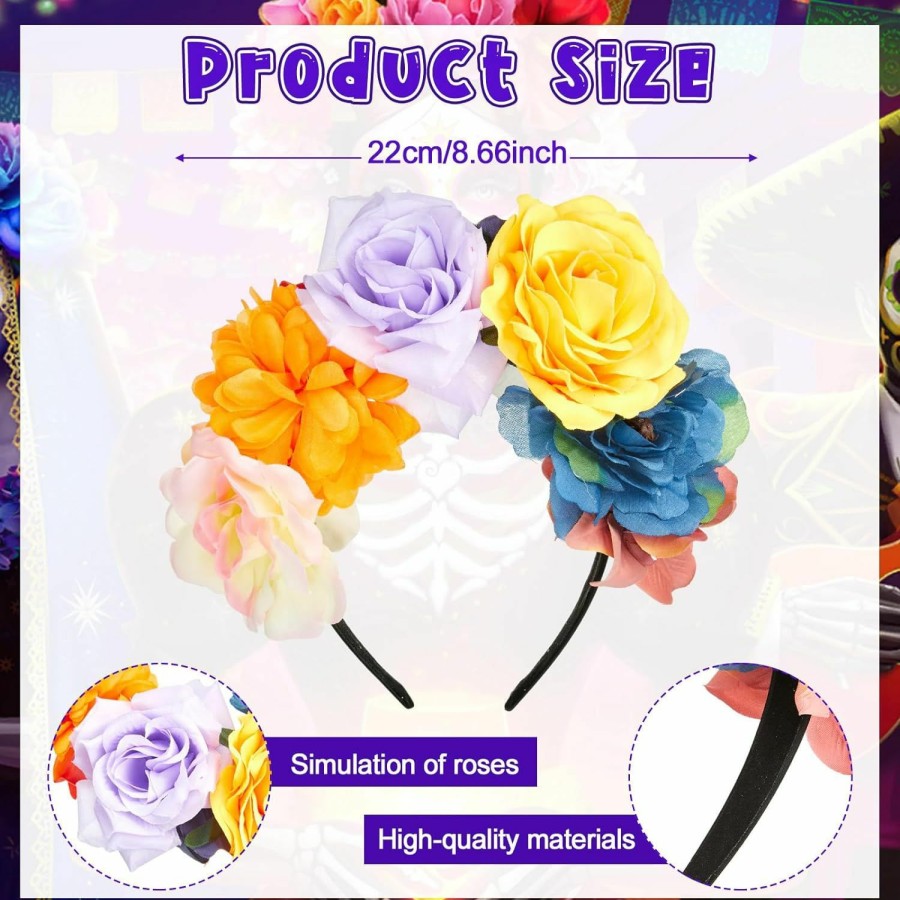 Zeyune Fashion Headbands | Zeyune 8 Pcs Mexican Flower Headband Fiesta Rose Flower Crown Headband Day Of The Dead Headband Costume Rose Flower Crown Mexican Headpiece For Women Girls Party Cosplay