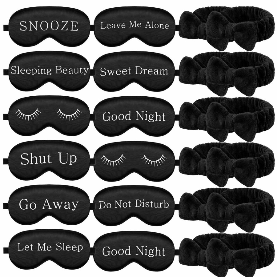 Sintuff Fashion Headbands | 24 Pcs Sleepover Party Favors For Girls, Includes 12 Black Spa Party Supplies Headband And 12 Funny Sleep Silk Eye Mask, Plush Bow Hair Band Blackout Eye Mask For Washing Women Men Spa Pajama Party