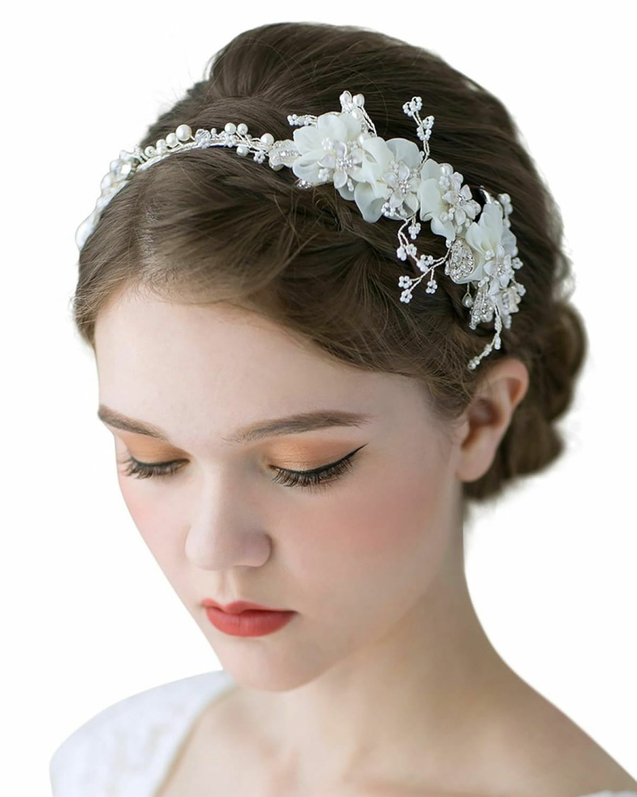 SWEETV Fashion Headbands | Sweetv Flower Bridal Headbands Ivory-Wedding Headpieces Hair Bands Jewelry Hair Accessories For Women Brides