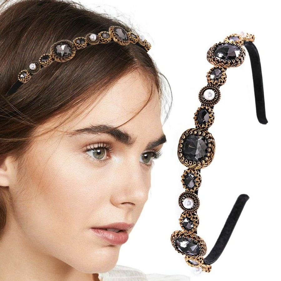 Firuilo Fashion Headbands | Firuilo Baroque Crystal Headband Pearl Rhinestones Hairbands Black Thin Headband For Women And Girls (Type A)