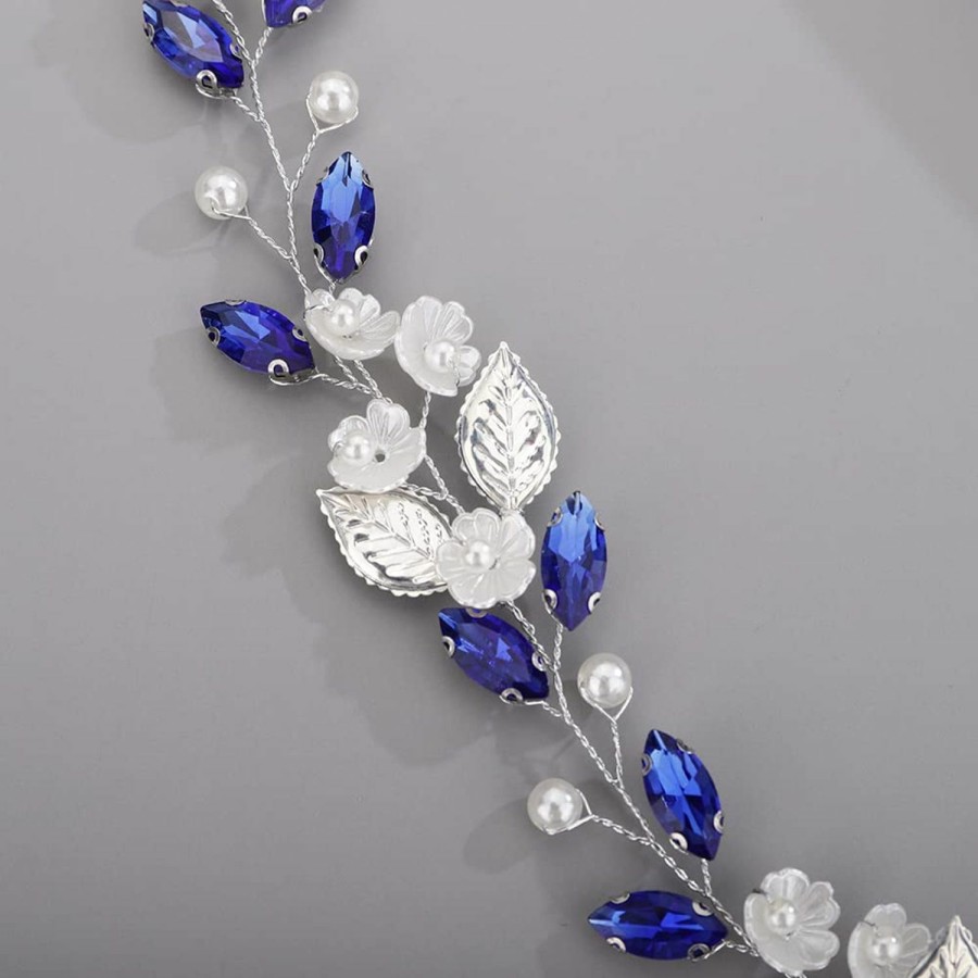 BERYUAN Fashion Headbands | Beryuan Flower Leaf Crystal Wedding Hair Vine For Bride Bridesmaid Pearls Crystal Hair Accessories For Women And Girls Blue