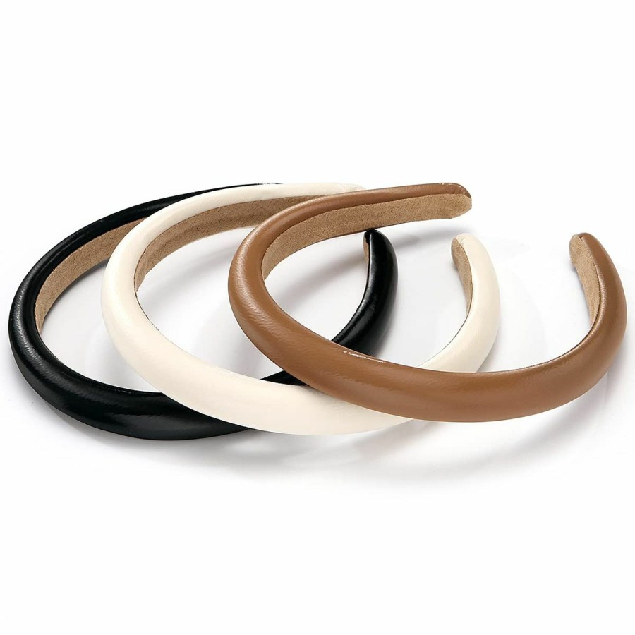 NARUNING Fashion Headbands | Naruning 3 Pcs Padded Headbands For Women, Solid Color Leather Headbands, Fashion Headwear, Girls Women Hair Accessories (Black + White + Brown)