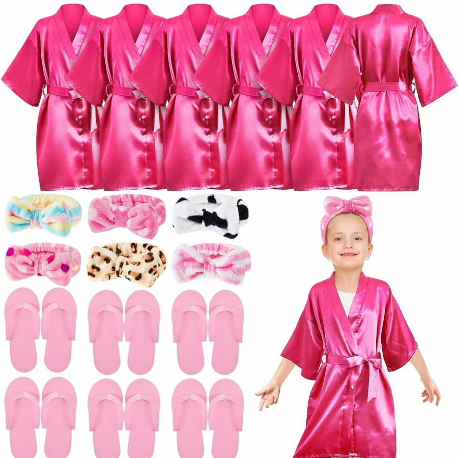 Jecery Fashion Headbands | Jecery 18 Pcs Spa Party Supplies For Girls 6 Satin Kimono Robe 6 Spa Headband 6 Disposable Foam Pedicure Slippers (Rose,Size 10)