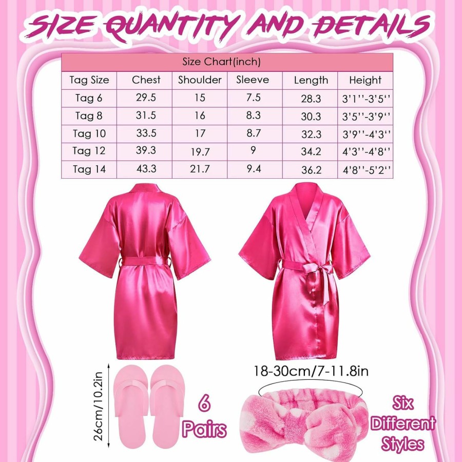 Jecery Fashion Headbands | Jecery 18 Pcs Spa Party Supplies For Girls 6 Satin Kimono Robe 6 Spa Headband 6 Disposable Foam Pedicure Slippers (Rose,Size 10)