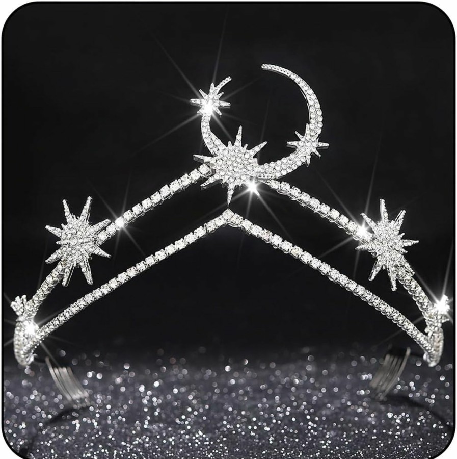 YBSHIN Fashion Headbands | Ybshin Star Moon Crown Headband Silver Rhinestone Tiaras Headband Goddess Headpiece Princess Crystal Bridal Wedding Headwear For Women Girls