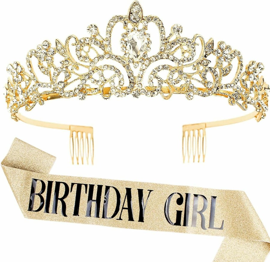 Aprince Fashion Headbands | Aprince Birthday Crown & Birthday Girl Sash Set, Rhinestone Tiaras And Crowns For Women Girls Gold Tiara Birthday Gold Sash Princess Tiaras Queen Crowns For Birthday Prom Photoshoot