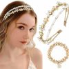 Firuilo Fashion Headbands | Firuilo Gold Double Headbands Rhinestones Pearl Hair Band With Beaded Hair Ties Flower Head Band For Women And Girls