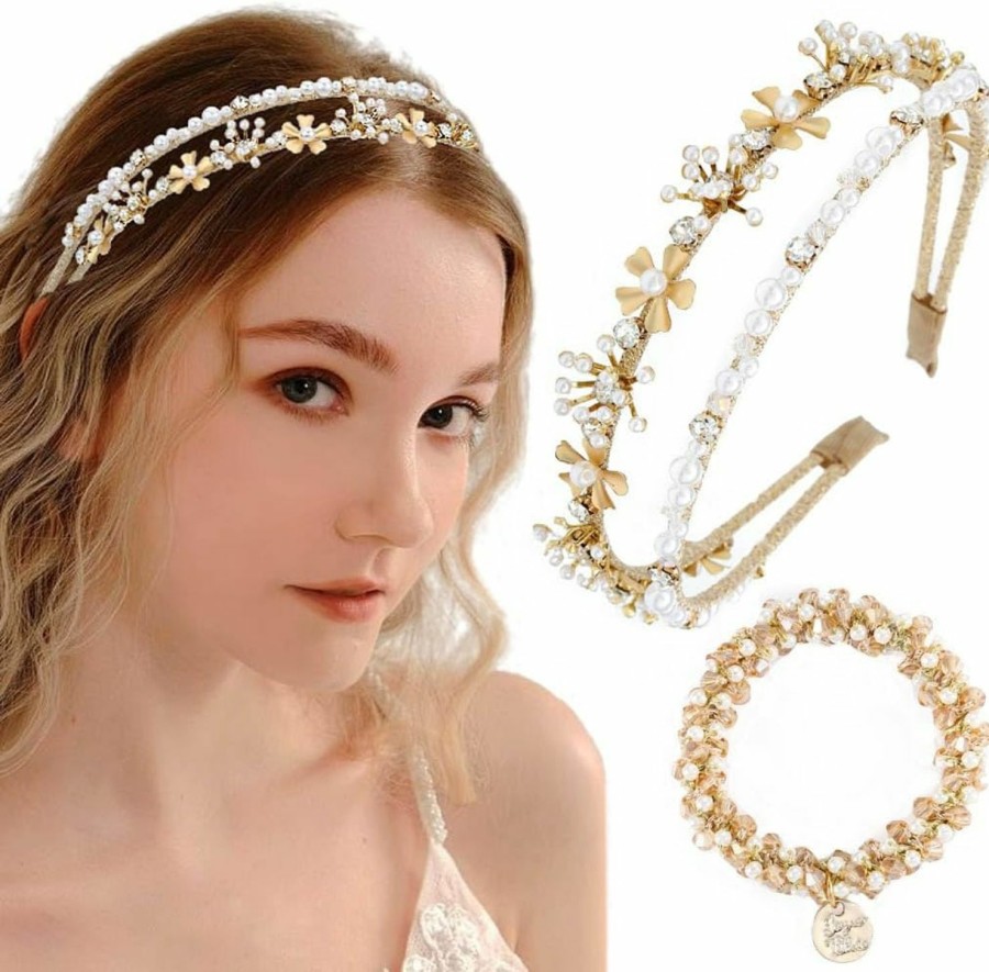 Firuilo Fashion Headbands | Firuilo Gold Double Headbands Rhinestones Pearl Hair Band With Beaded Hair Ties Flower Head Band For Women And Girls