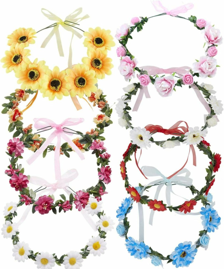 Lawie Fashion Headbands | Lawie 8 Pack Boho Flower Crowns Floral Wreath With Ribbon Halo Headbands Garland Wedding Bridal Bridesmaid Headpiece Tiara Sunflower Daisy Rose Hairbands Hawaiian Party Accessories For Kids Women Girl