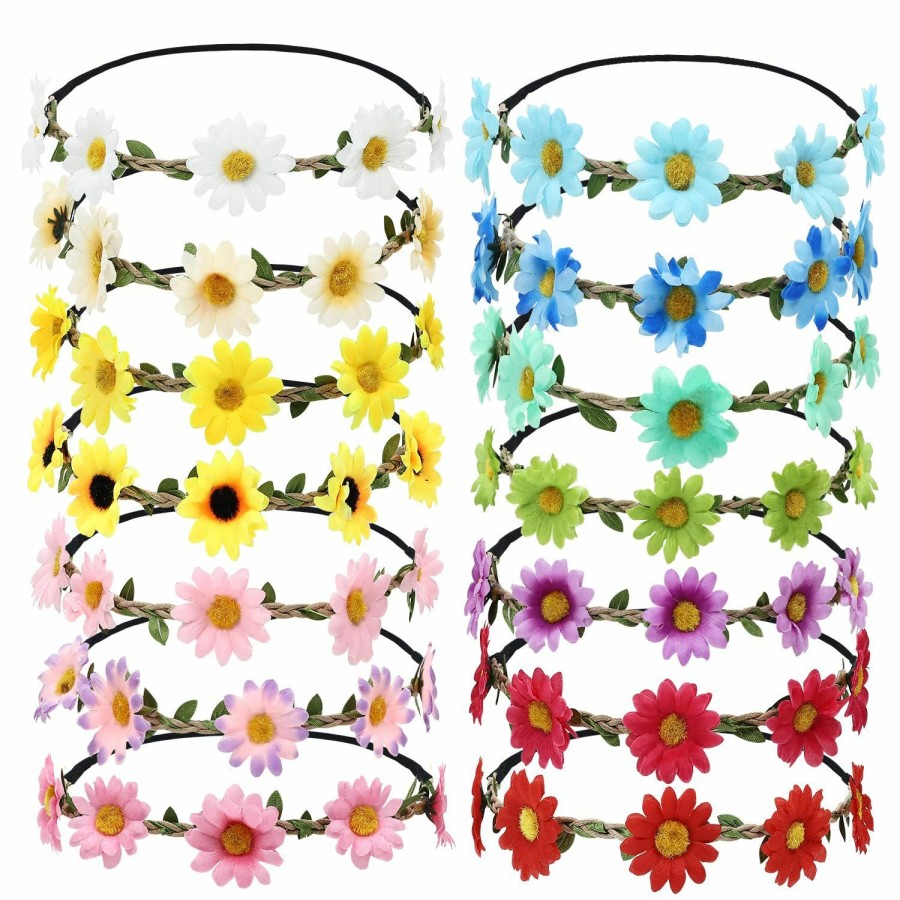 Cinaci Fashion Headbands | Cinaci 14 Pack Handmade Hawaiian Beach Bohemian Boho Adjustable Sunflower Flower Crowns Headbands Wreath Tiara Garland Wedding Party Headpieces For Women Girls Brides Bridesmaids Teens