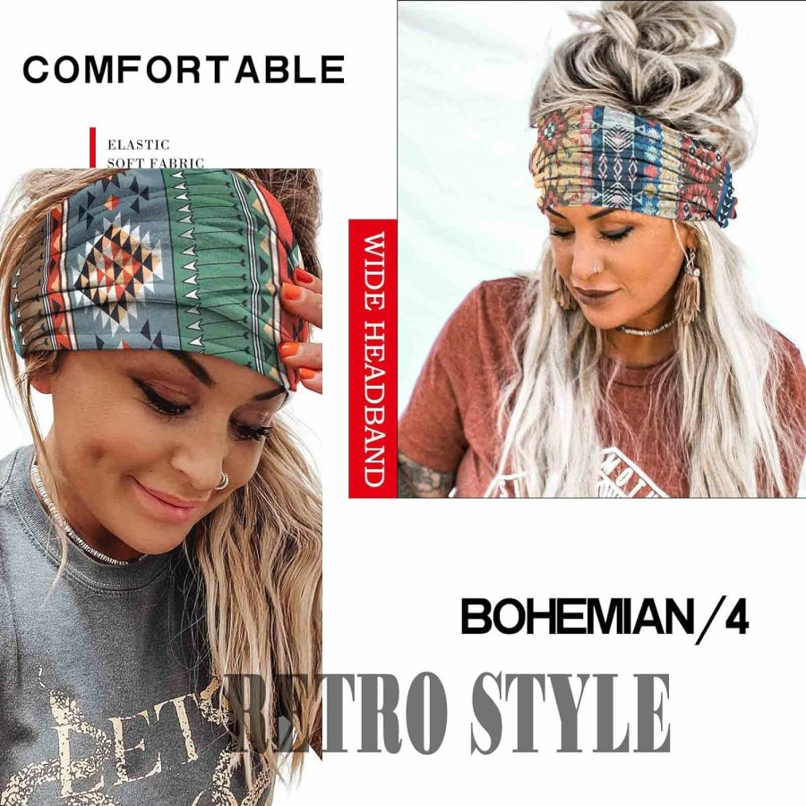 Olbye Fashion Headbands | Olbye Wide Boho Headbands Headwrap Butterfly Stretch Button Bandana Yoga Running Athletic Turban Head Scarfs Hair Accessories For Women And Girls 4Pcs (Boho)