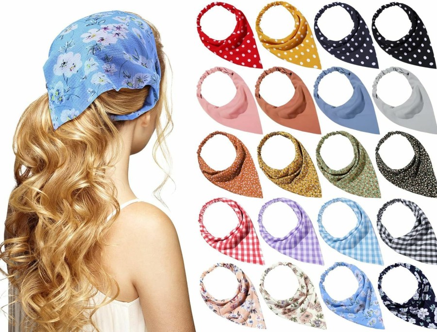 WILLBOND Fashion Headbands | Willbond 20 Pcs Scarf Headband For Women Floral Elastic Hair Scarf Headband Boho Triangle Bandanas Print Solid Plaid Dot Bandana Headbands For Girls Chiffon Head Kerchief Hair Accessories, 5 Styles