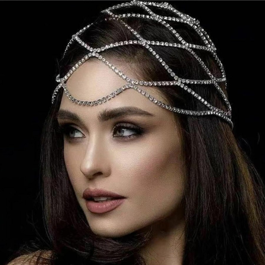 Fdesigner Fashion Headbands | Fdesigner Crytsal Head Chain Silver Cap Headpieces Party Rhinestone Flapper Hairpieces Jewelry Gatsby Belly Dance Cleopatra Hair Accessories For Women