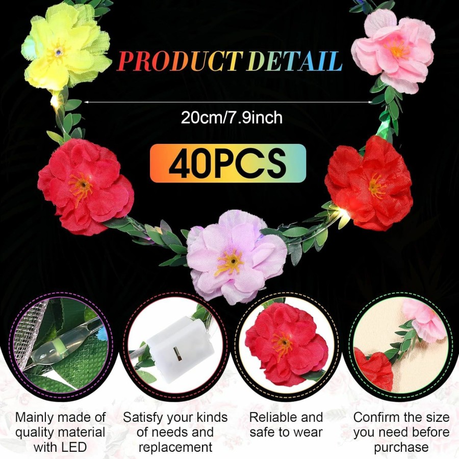 Syhood Fashion Headbands | 50 Pcs Led Flower Crown Headband Light Up Fairy Flower Hair Jewelry Multi-Color Floral Headpiece Wreath Headdress Hair Wreath For Women Girl Hair Styling Wedding Birthday Party Holiday (Rose)