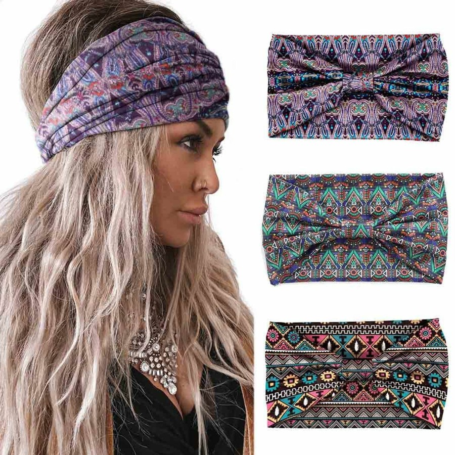 Aceorna Fashion Headbands | Aceorna Boho Headbands Wide Knotted Hairbands Stretch Printed Head Bands Bohemia Head Wraps For Women And Girls 3 Pcs (Set I)