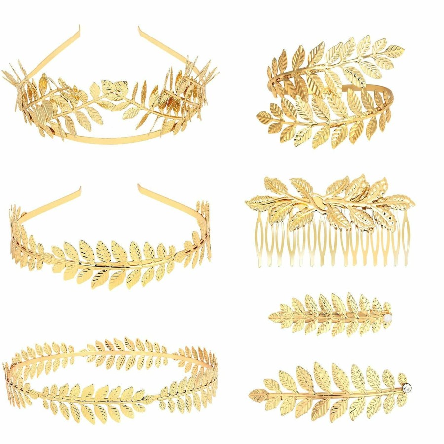 Wecoe Fashion Headbands | Wecoe 7Pcs/Set Gold Leaf Headbands Hair Clips Headpieces Arm Cuff For Women Girls Gold Leaf Tiara Crown Flower Girl Bridal Wedding Halo Headband Greek Goddess Toga Costume Hair Accessories For Women