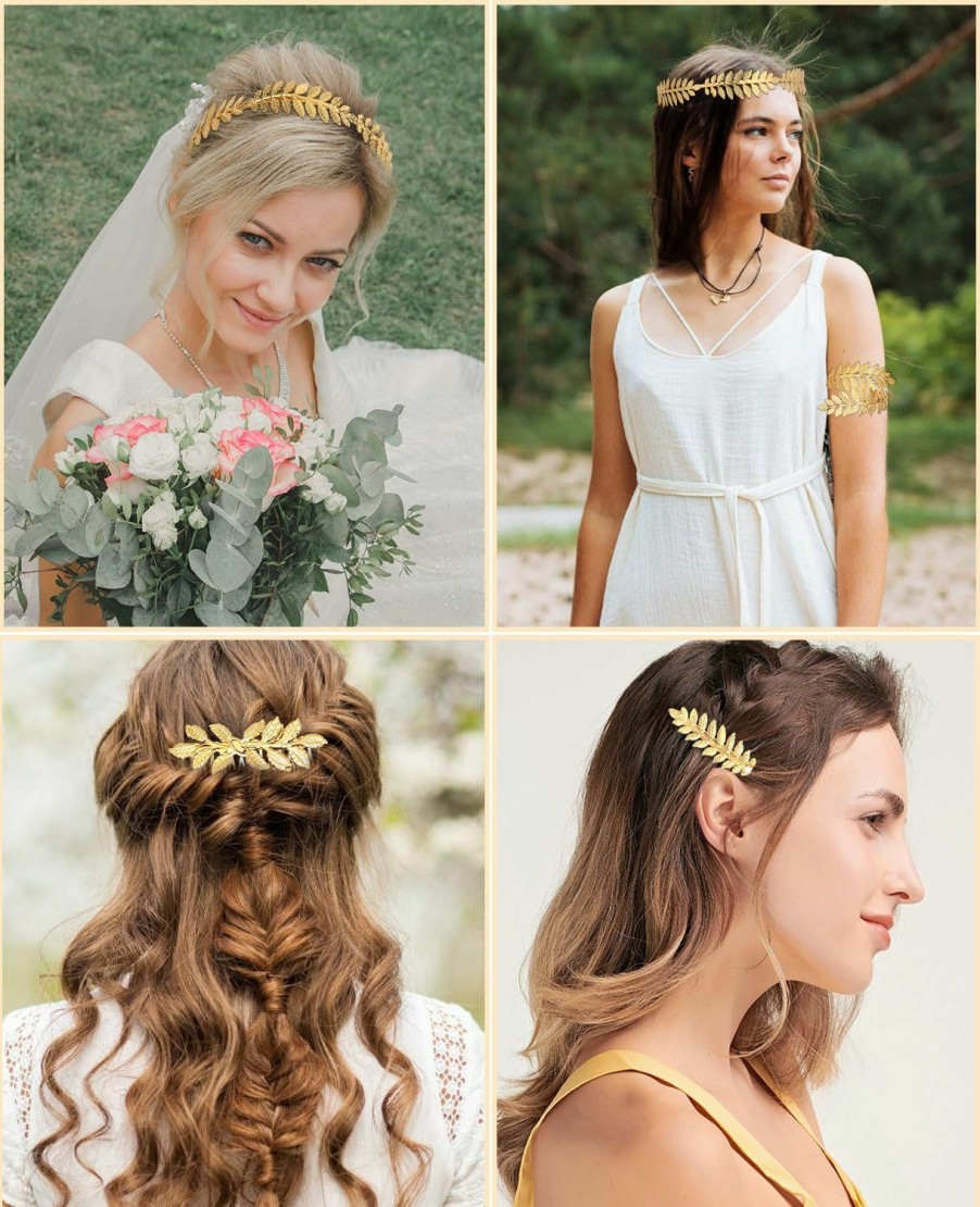 Wecoe Fashion Headbands | Wecoe 7Pcs/Set Gold Leaf Headbands Hair Clips Headpieces Arm Cuff For Women Girls Gold Leaf Tiara Crown Flower Girl Bridal Wedding Halo Headband Greek Goddess Toga Costume Hair Accessories For Women