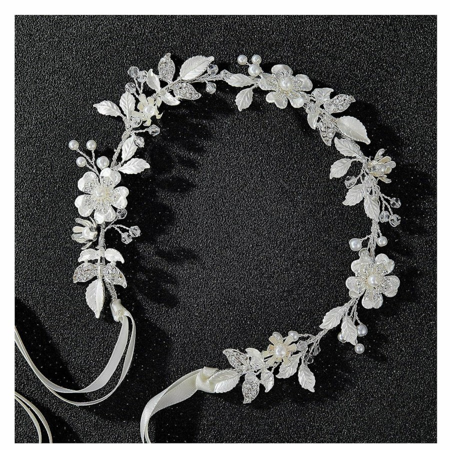 SWEETV Fashion Headbands | Sweetv Sliver Flower-Leaf Bridal Headpieces For Wedding Headband Bride Hair Pieces Crystal Flower Girl Hair Accessories