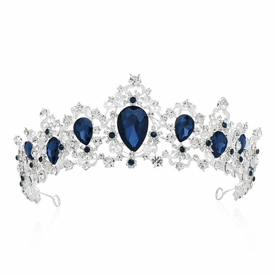 SWEETV Fashion Headbands | Sweetv Royal Cz Crystal Tiara For Women, Blue Wedding Crown For Brides, Princess Headpieces Bridal Hair Accessories For Birthday Party Pageant, Sapphire+Silver,Eleanor