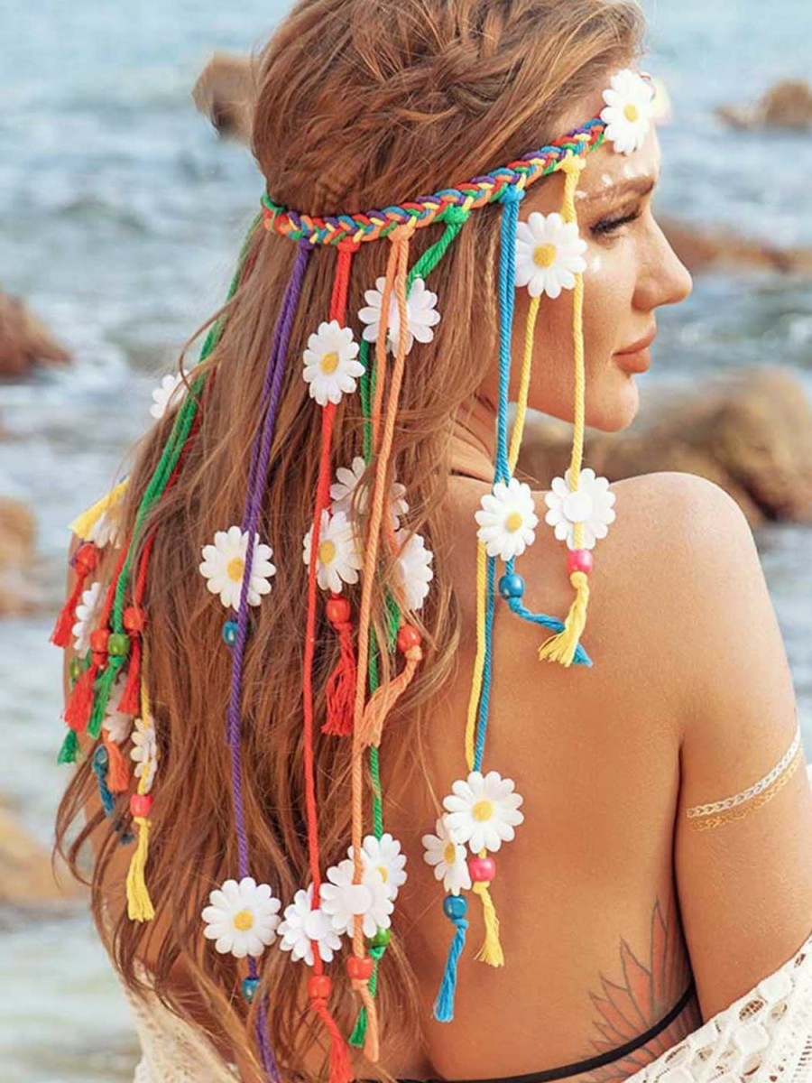 GENBREE Fashion Headbands | Genbree Boho Daisy Headband Rainbow Braided Headpiece Summer Beach Tassel Hairband Floral Hippie Hair Accessories For Women And Girls (Multi-Colored)